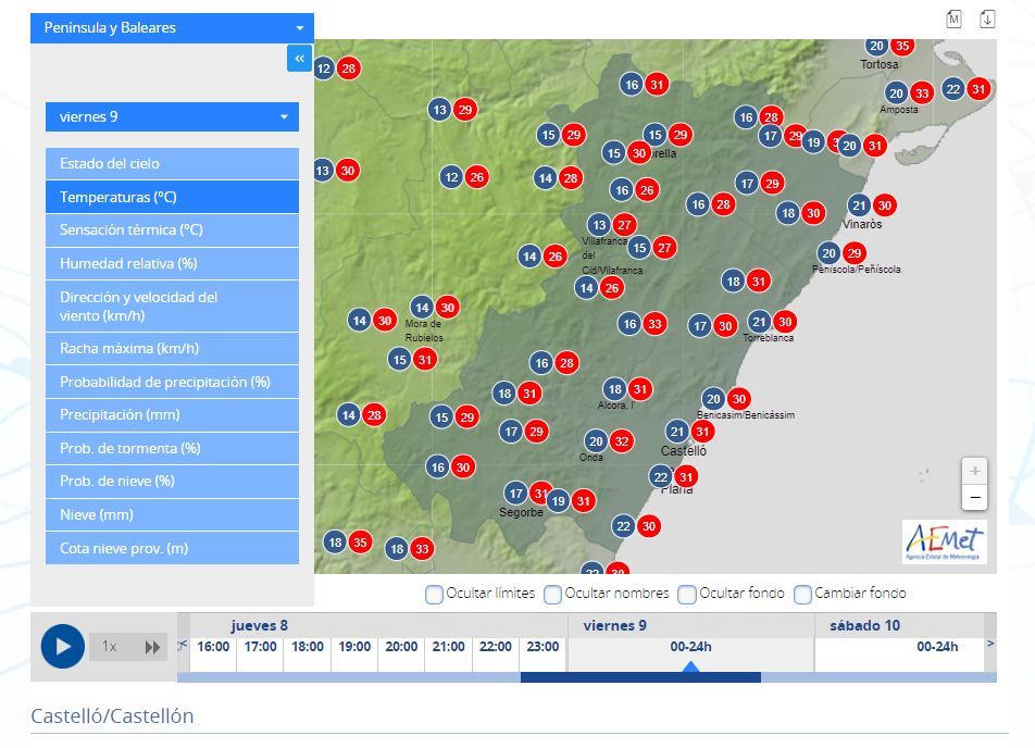 Previsión de temperaturas en Castellón de Aemet el viernes.