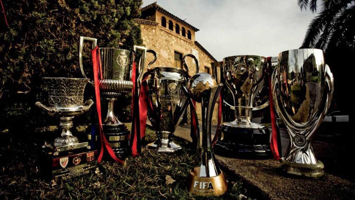 Las seis copas conquistadas por el FC Barcelona en 2009: Copa, Liga, Champions League, Supercopa de España, Supercopa de Europa y Mundial de Clubes