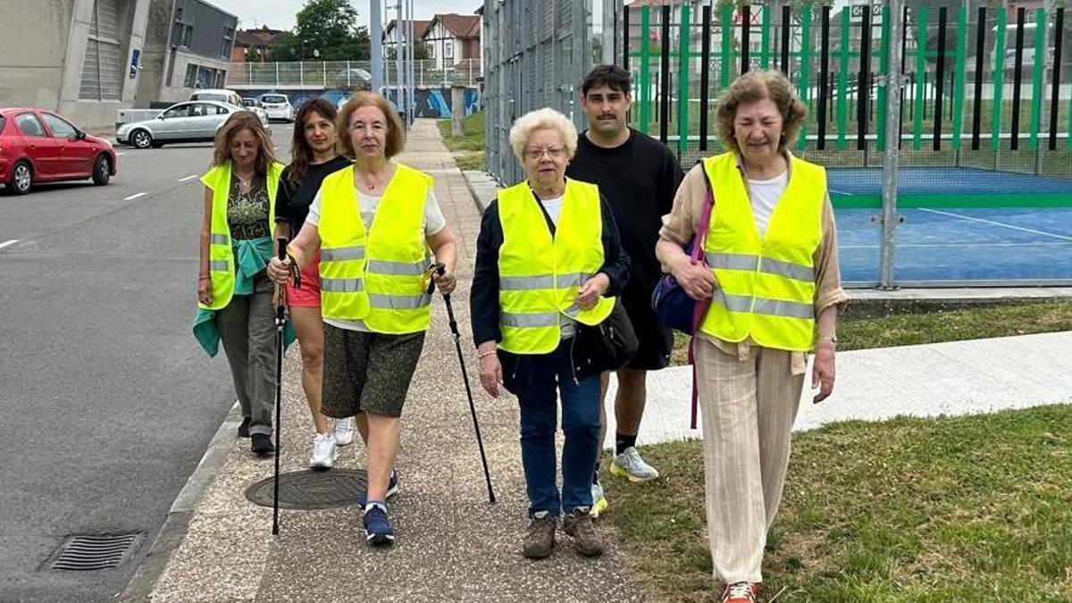 Por la izquierda, Pilar Gómez, Andrea Pinedo, Soledad Fernández, Carmen Ordiales, Manuel Canal y Carmen Álvarez, al finalizar el paseo en las piscinas de Lugones.