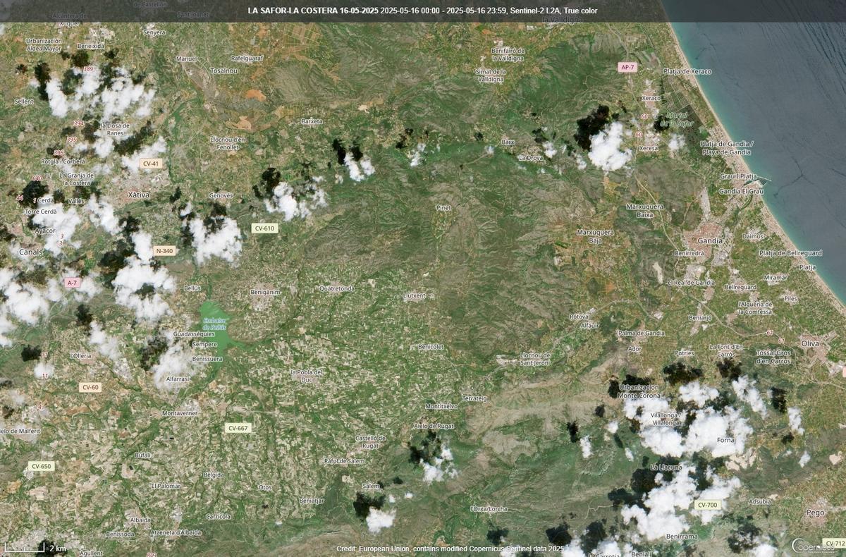 Vista de satélite de la Costera, la Vall d'Albaidala Canal y la Safor