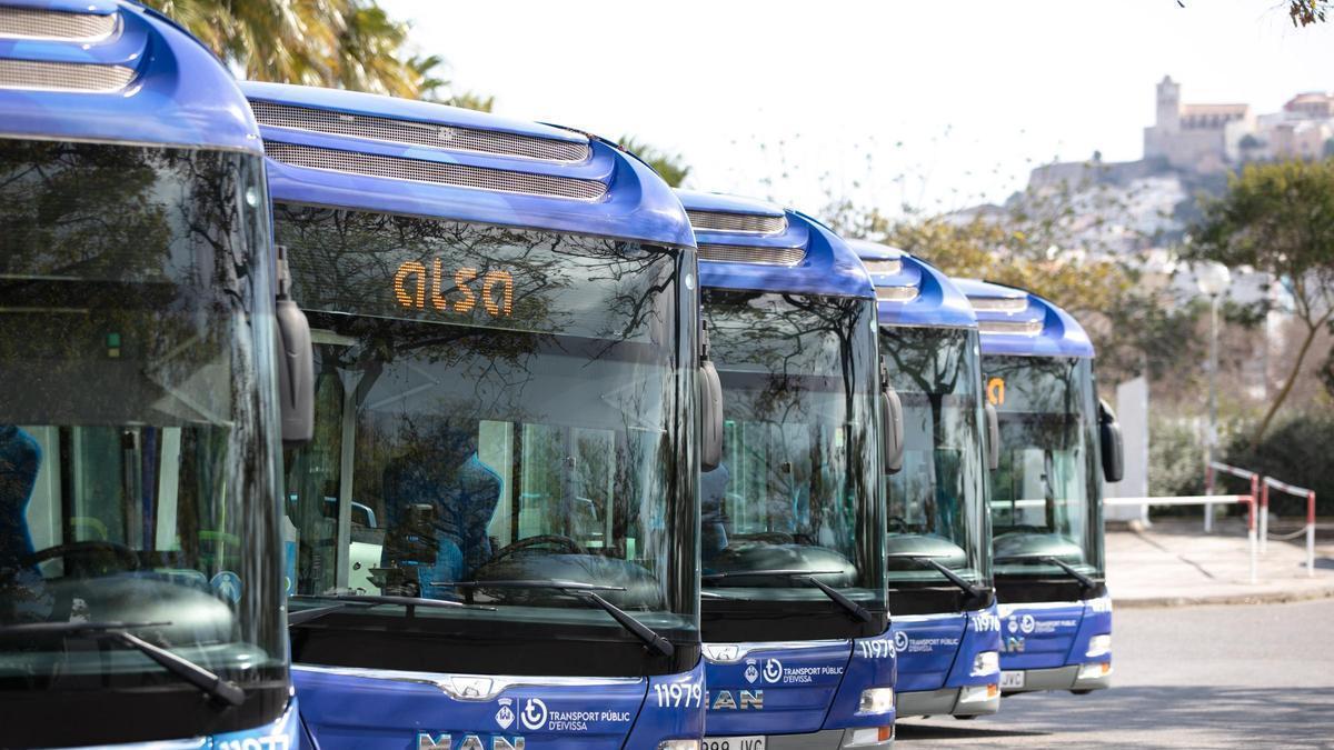 Los autobuses de Alsa durante la presentación en el recinto ferial de Ibiza.