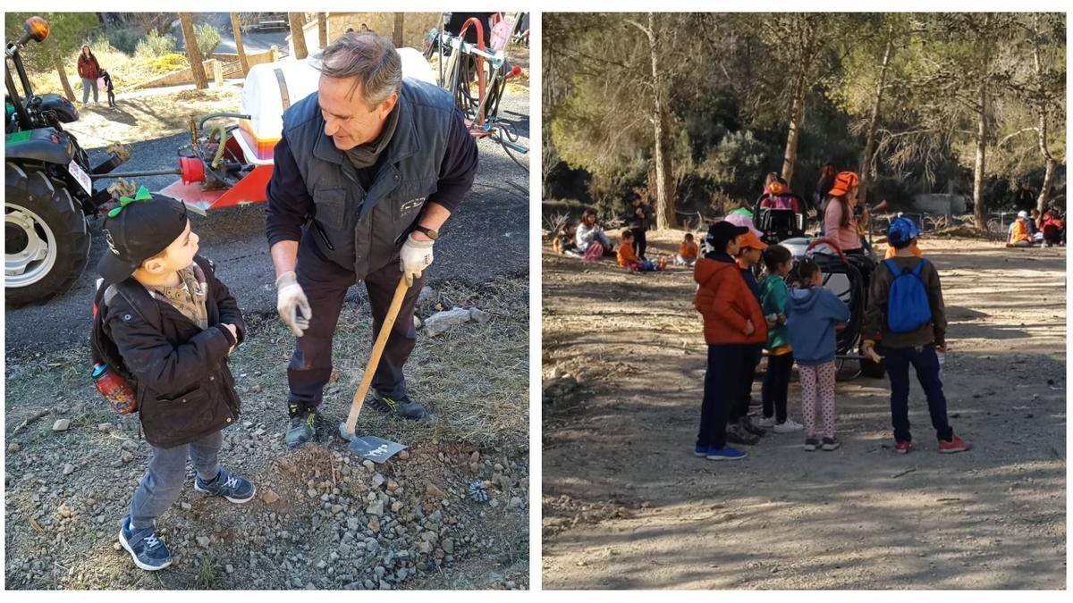 El alcalde de Montán, Sergio Fornas, ha participado en las tareas de plantación de árboles junto a una treintena de niños.
