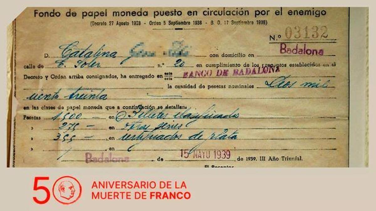 Un exemplar del justificant que entregava el banc amb els diners requisats pel franquisme