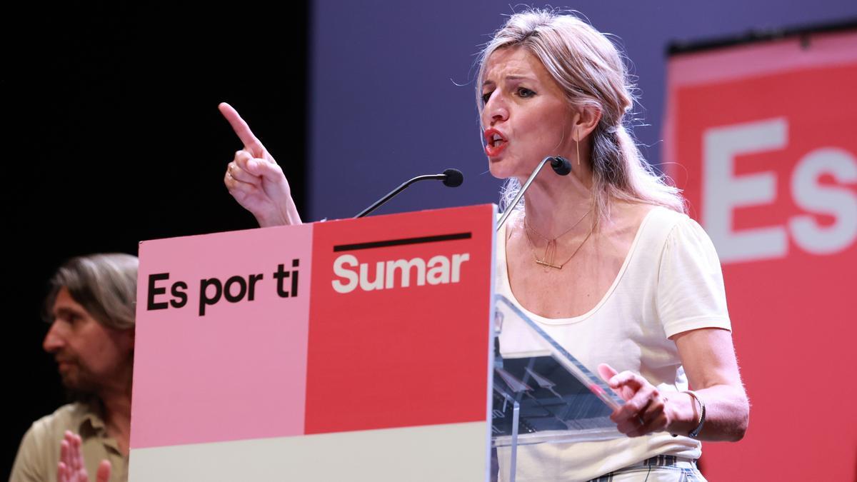 La candidata de Sumar a la Presidencia el Gobierno, Yolanda Díaz, interviene durante un acto público para las elecciones del 23J en el Cartuja Center City, a 9 de julio de 2023 en Sevilla, (Andalucía, España).