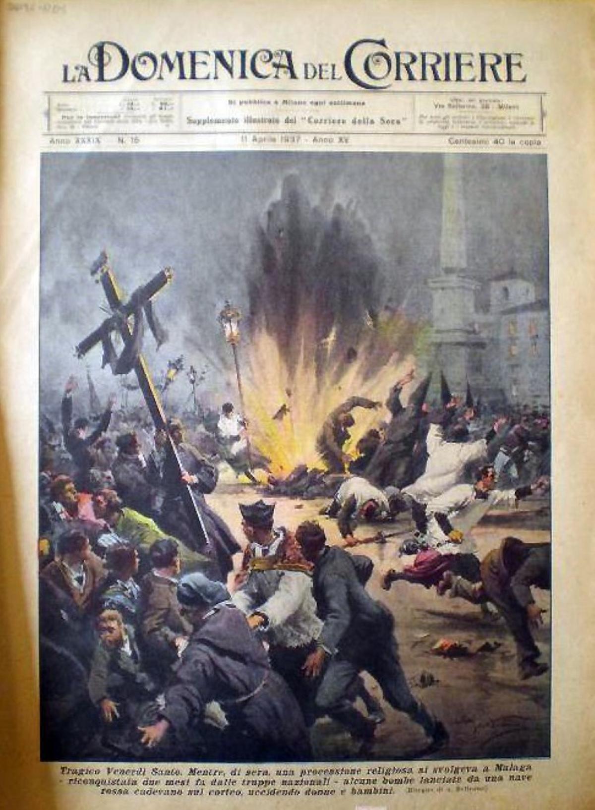 Portada del dominical del Corriere della Sera, con la procesión del Viernes Santo en Málaga, supuestamente bombardeada en la plaza de la Merced