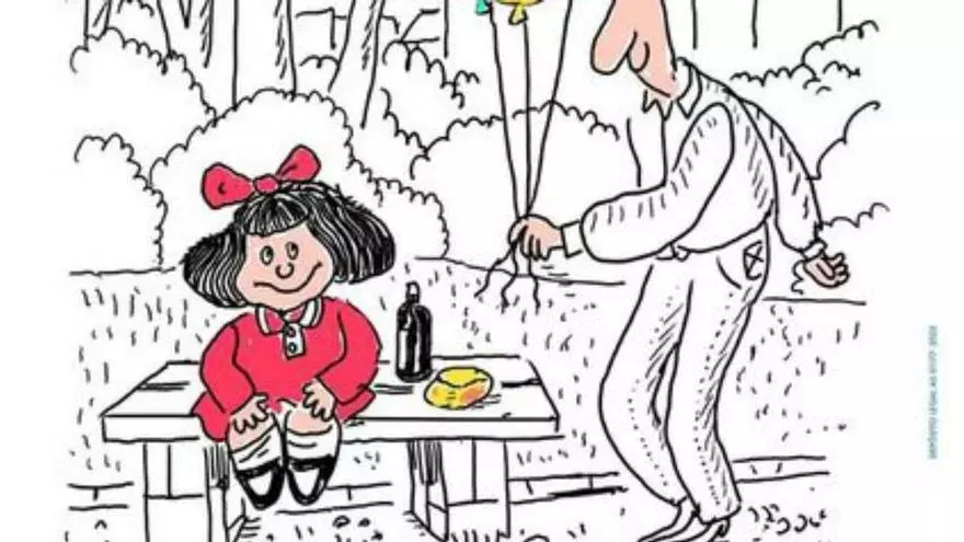 La estatua de Mafalda, gran protagonista del cartelu del Martes de Campu d'esti añu