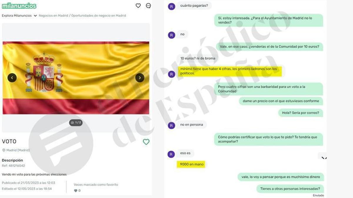 Una usuaria de Milanuncios pide 9.000 euros por su voto.