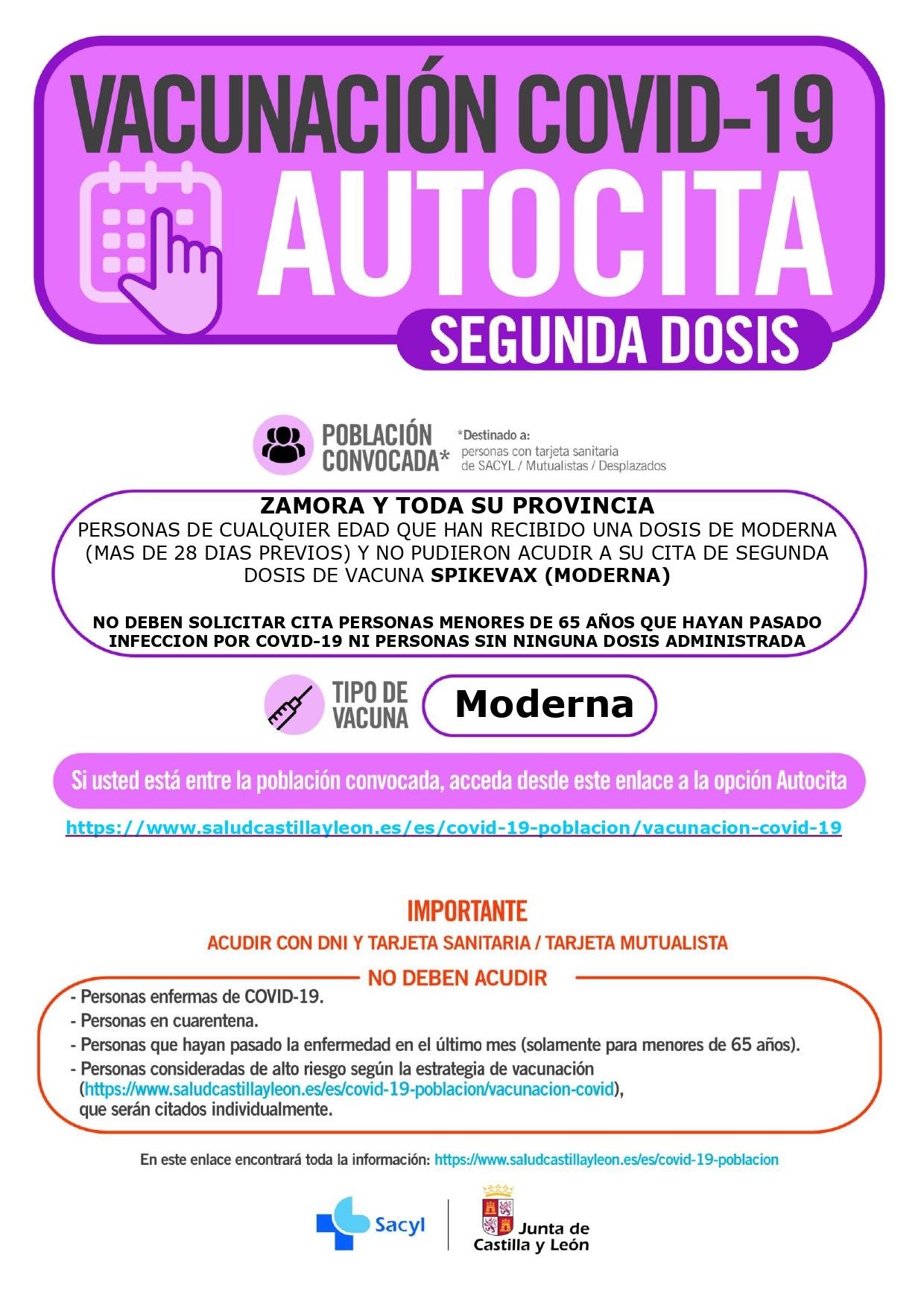 Vacunación para los inmunizados en atocita en Zamora con segunda dosis de Moderna. 22 de septiembre