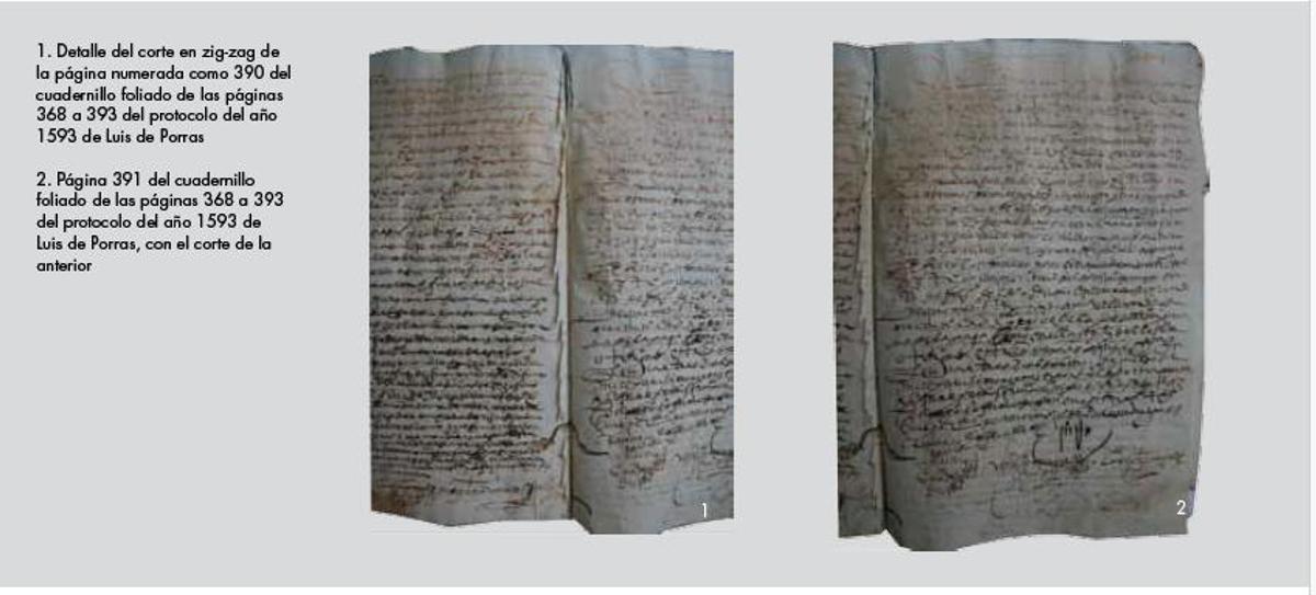 Detalle de cómo fue arrancada la hoja del Archivo de Sevilla