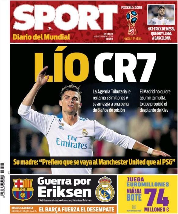 Portada SPORT jueves 31 de mayo de 2018