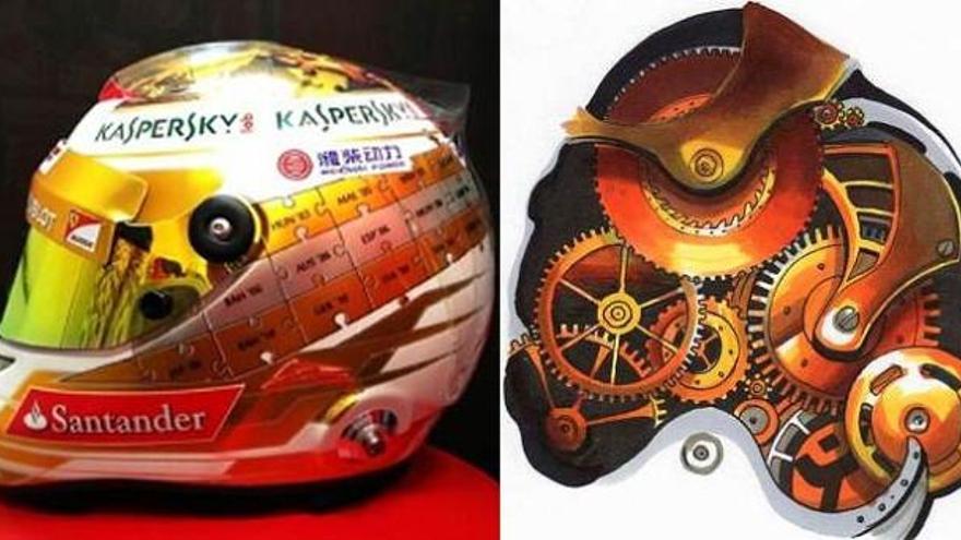 El casco de Alonso y detalle del boceto.