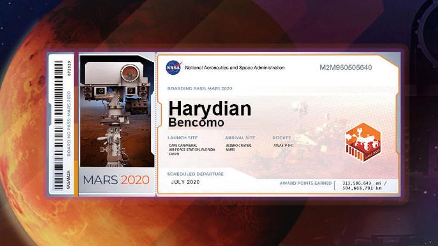 Tarjeta de embarque que la NASA entrega tras registrar el nombre en la misión Mars 2020