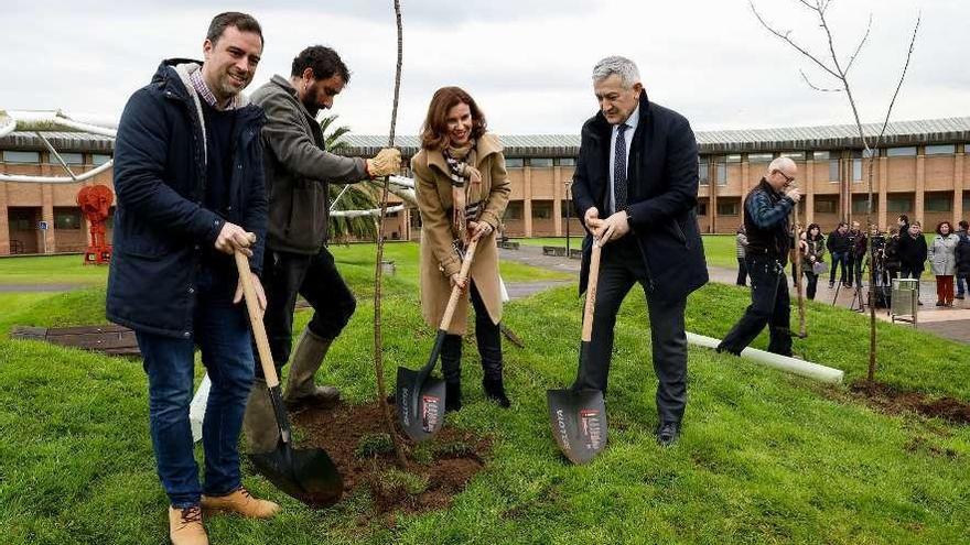 Olmo Ron, Vanda Martins y Santiago García Granda, ayer, plantando un árbol en el campus gijonés.