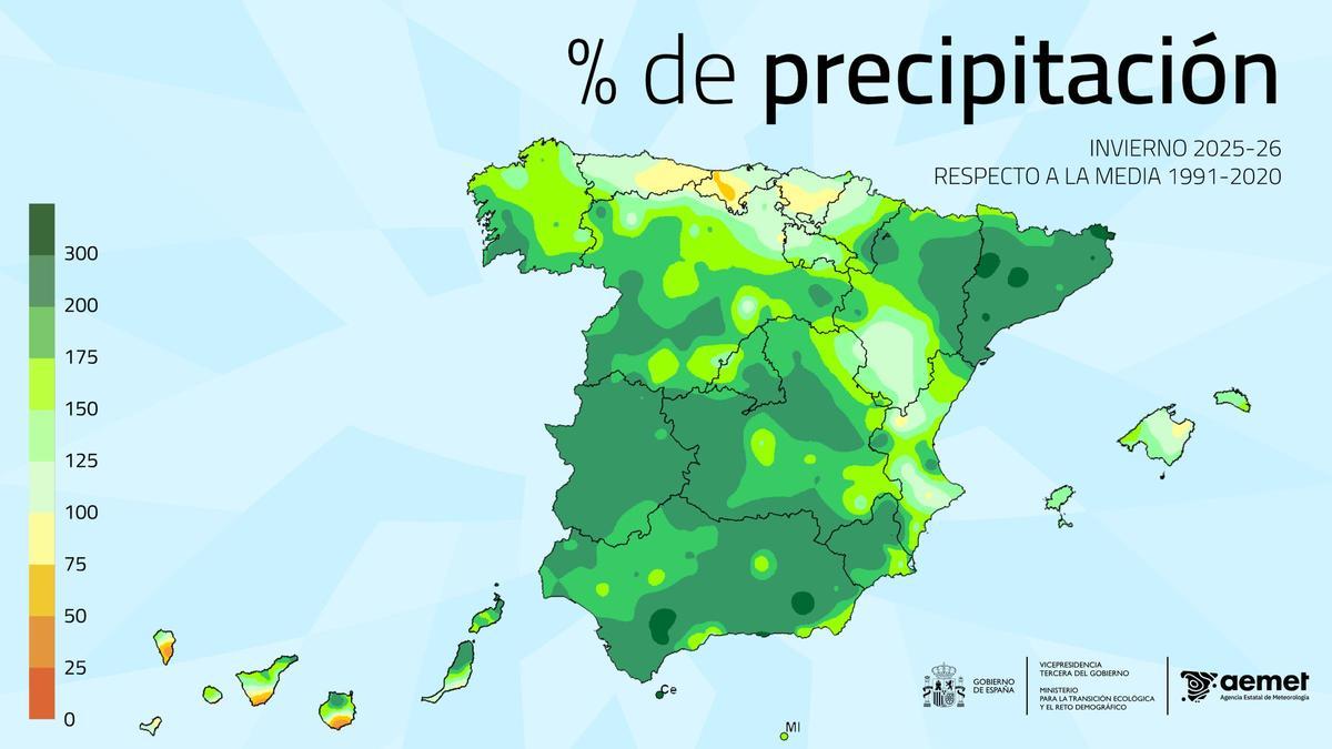 Mapa de precipitación durante el invierno en el conjunto nacional.