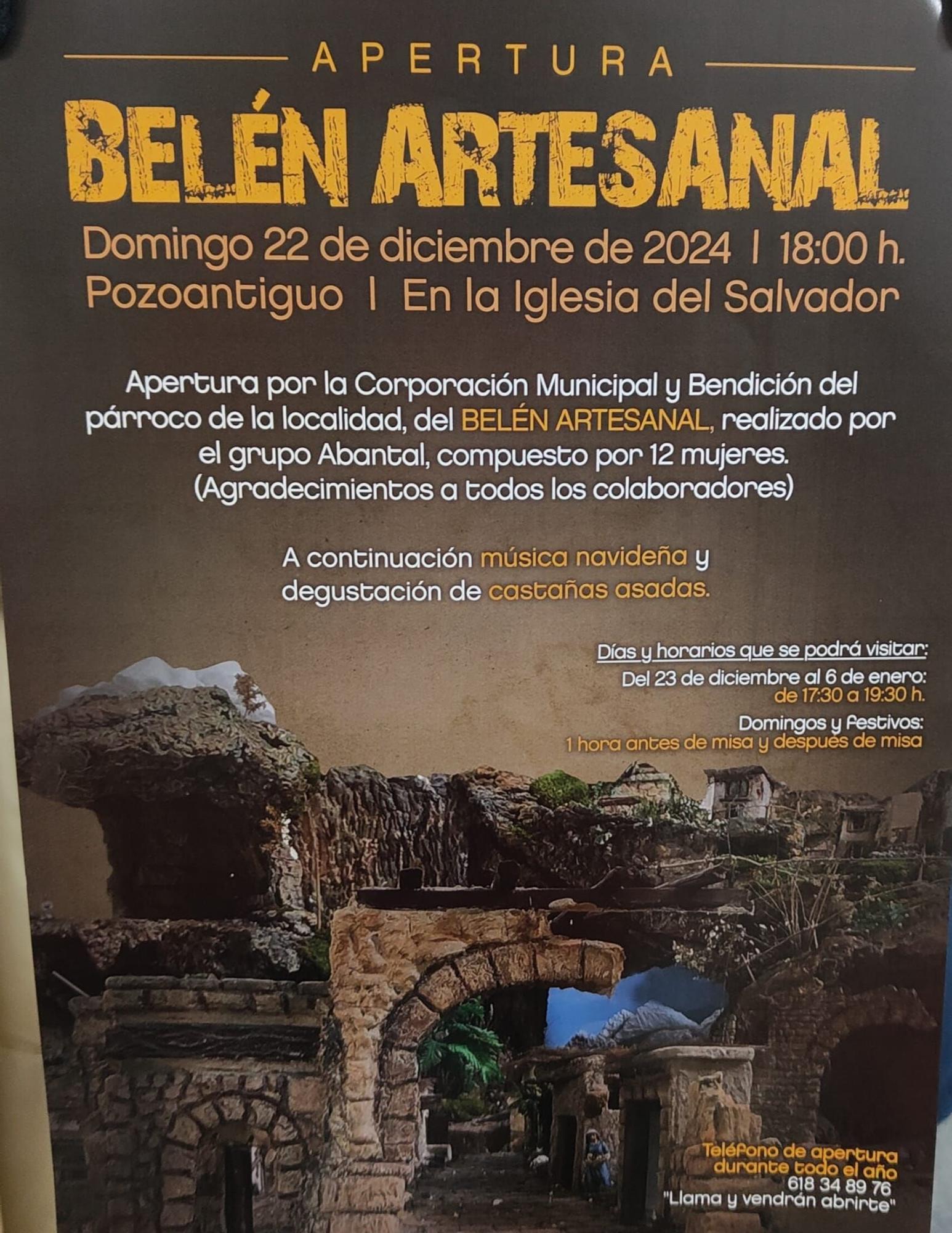 Cartel de la inauguración del belén realizado por el grupo Abantal de Pozoantiguo.