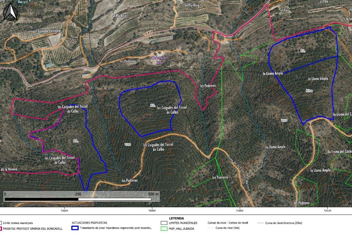 Mapa con las zonas de actuación delimitadas en los recuadros azules.