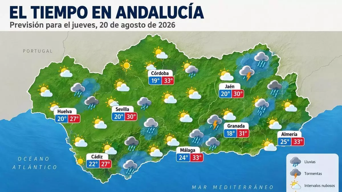 Lluvias en Andalucía: a qué hora exacta lloverá en Sevilla este jueves, según el mapa de la Aemet por municipios
