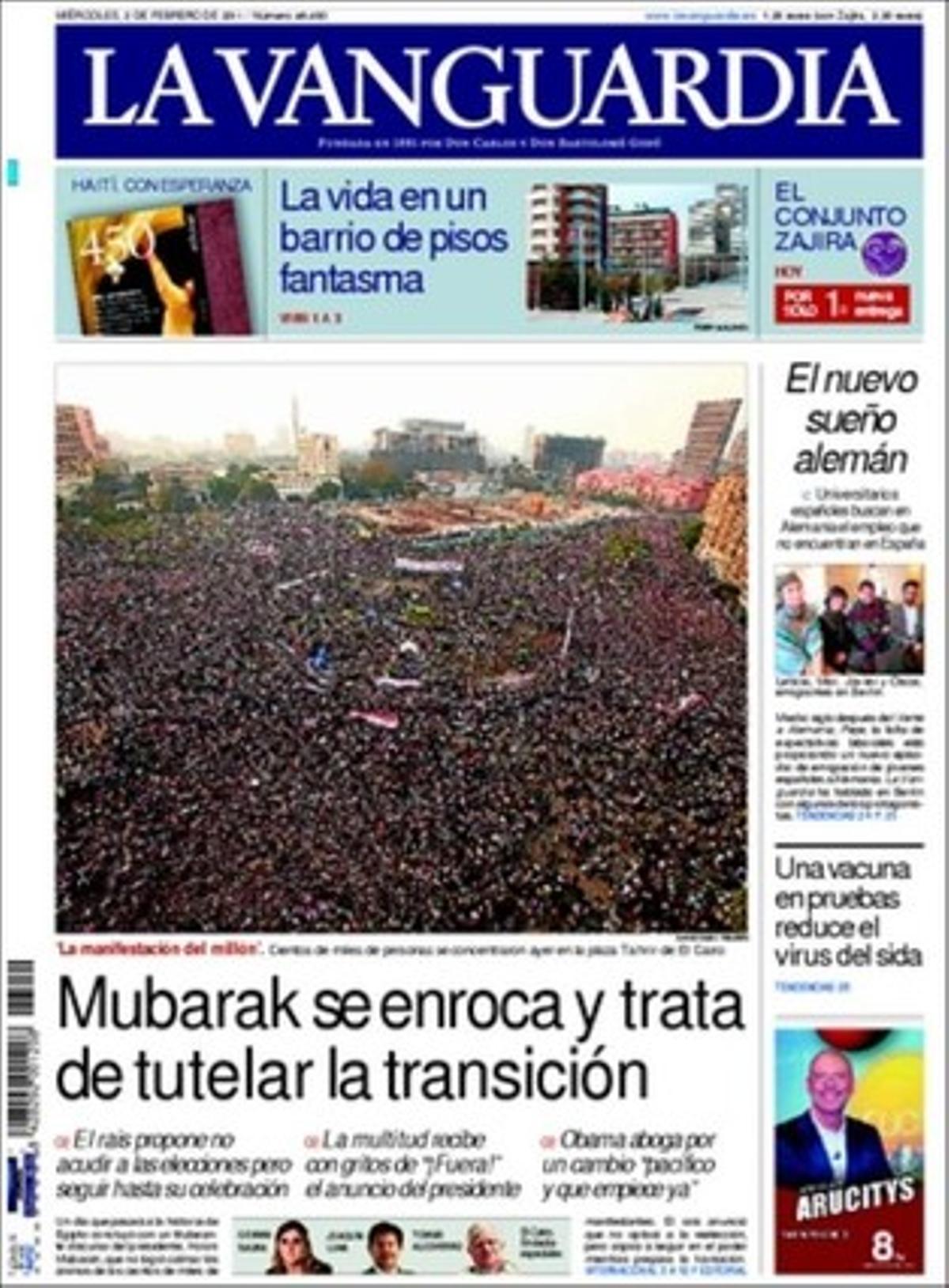 A dins ’La Vanguardia’ destaca que Mas demanarà a Zapatero 29 traspassos pendents i revisar-ne 6 d’incomplets, que la nova generació del PSC entra en escena amb un manifest que demana obrir les portes del partit, que el PP posa Castella i Lleó com a model per a totes les autonomies i que Rajoy adverteix CiU que no acceptarà el concert econòmic per a Catalunya. També que el miracle de l’ocupació alemanya atrau milers d’universitaris espanyols; que el Ministeri de Foment congela els soterraments de les vies fèrries de Sant Feliu d Llobregat i l’Hospitalet; que Francesc Cabana i Norbert Bolbeny competeixen per succeir Oriol Bohigas a l’Ateneu barceloní; que la recuperació de la confiança dels mercats en el deute espanyol torna al nivell previ a la crisi d’Irlanda, i que Alemanya pressionarà més per coordinar l’ajust fiscal.