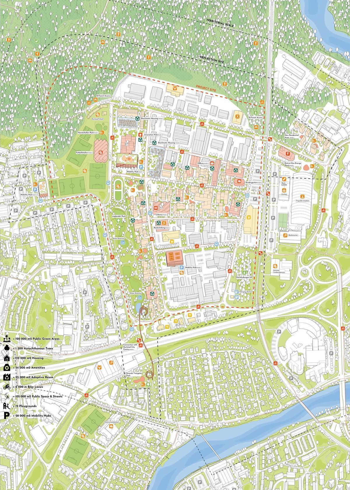 El proyecto “Hej Våxnäs!” para la ciudad sueca de Karlstad propone la transformación de un área industrial de 111 hectáreas en un barrio sostenible, saludable y conectado con el paisaje natural.