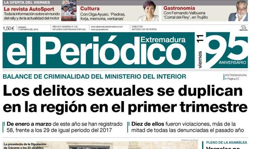 Esta es la portada de EL PERIÓDICO EXTREMADURA correspondiente al día 11 de mayo del 2018