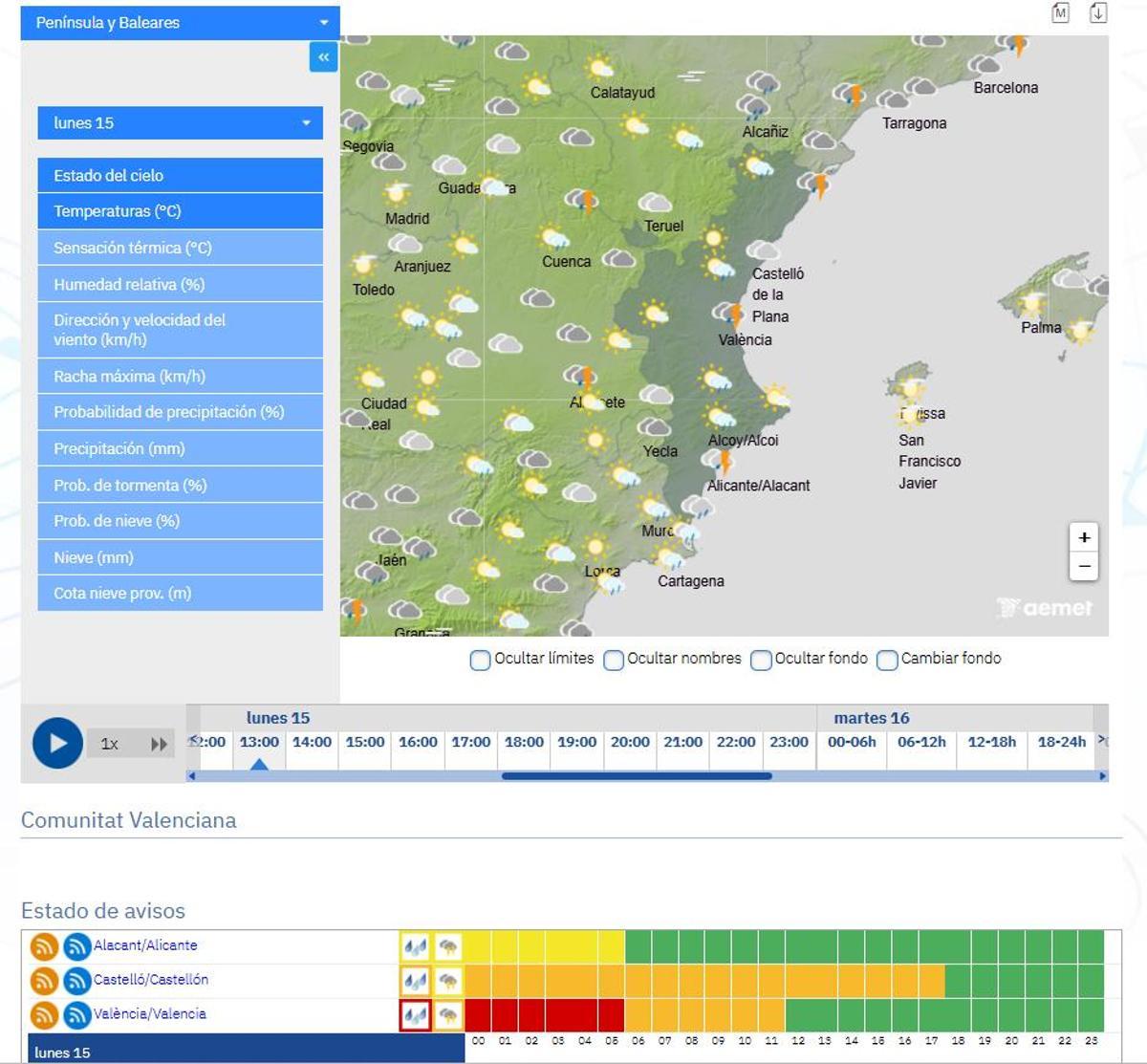 La prevesión de la Aemet para el lunes 15 de diciembre.