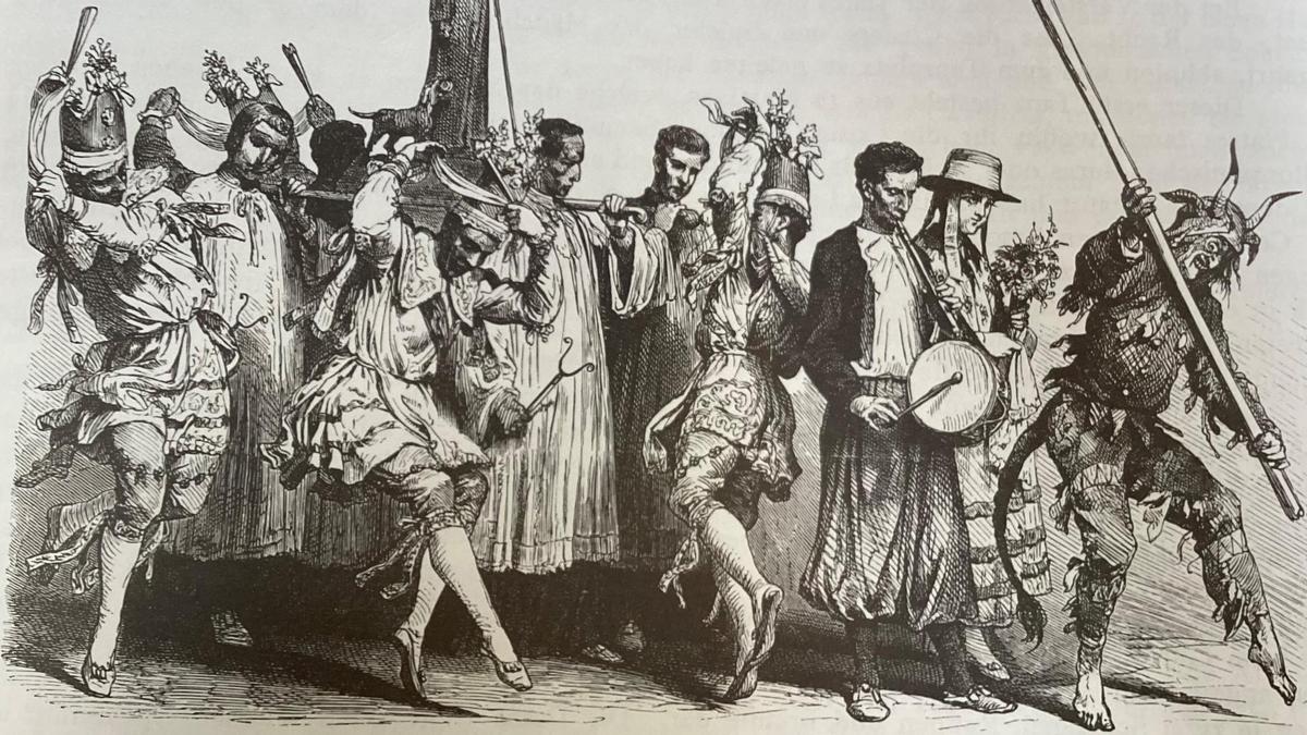 Ministranten tragen den Dorfheiligen, Tänzer und Tamburin begleiten die Dame, allen voran der "dimoni" mit Schweif und Hörnern.