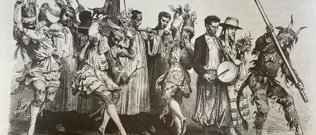 Ministranten tragen den Dorfheiligen, Tänzer und Tamburin begleiten die Dame, allen voran der &quot;dimoni&quot; mit Schweif und Hörnern.