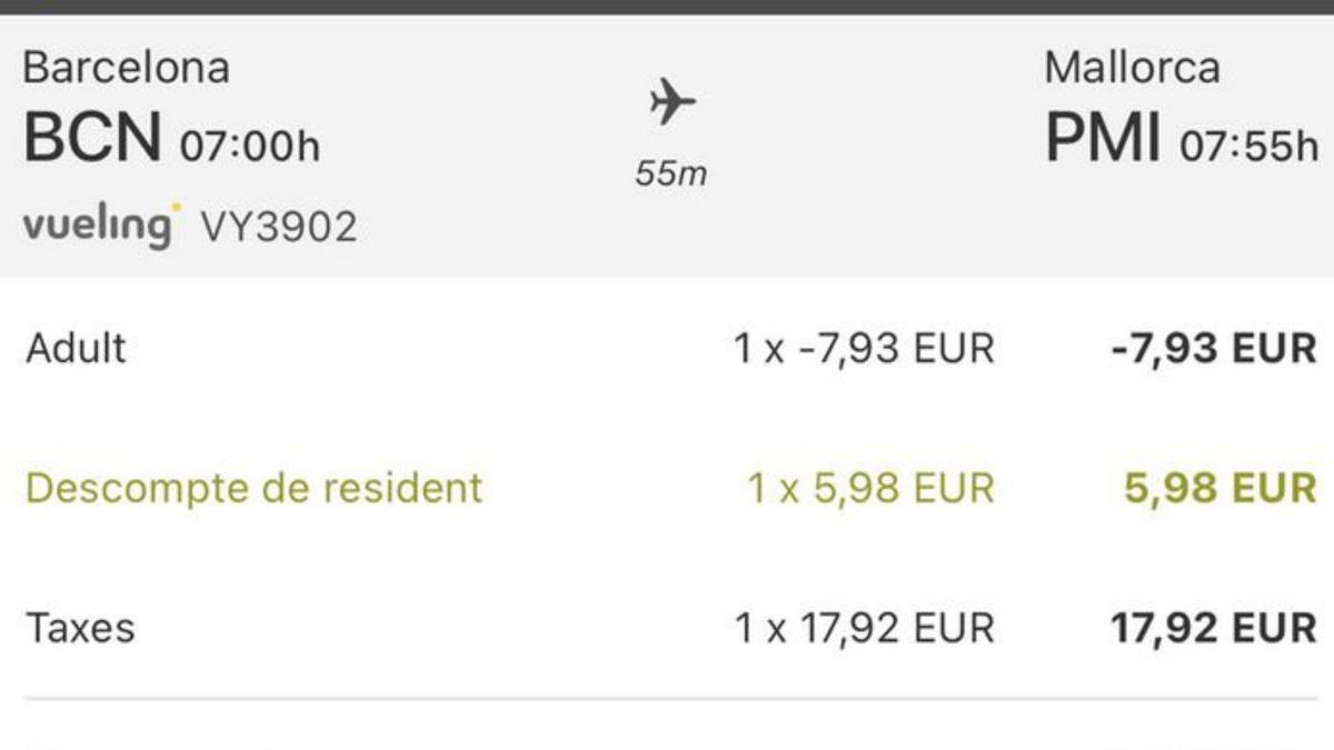 Coste del vuelo Palma-Barcelona sin descuento.