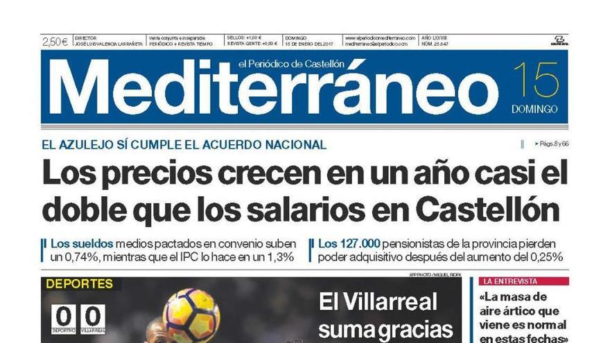 Los precios suben casi el doble que los salarios en Castellón, hoy en la portada de Mediterráneo