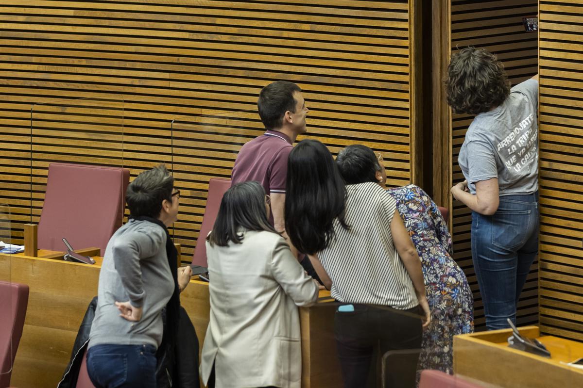 Los diputados de Unides Podem se hacen un selfie en el hemiciclo.