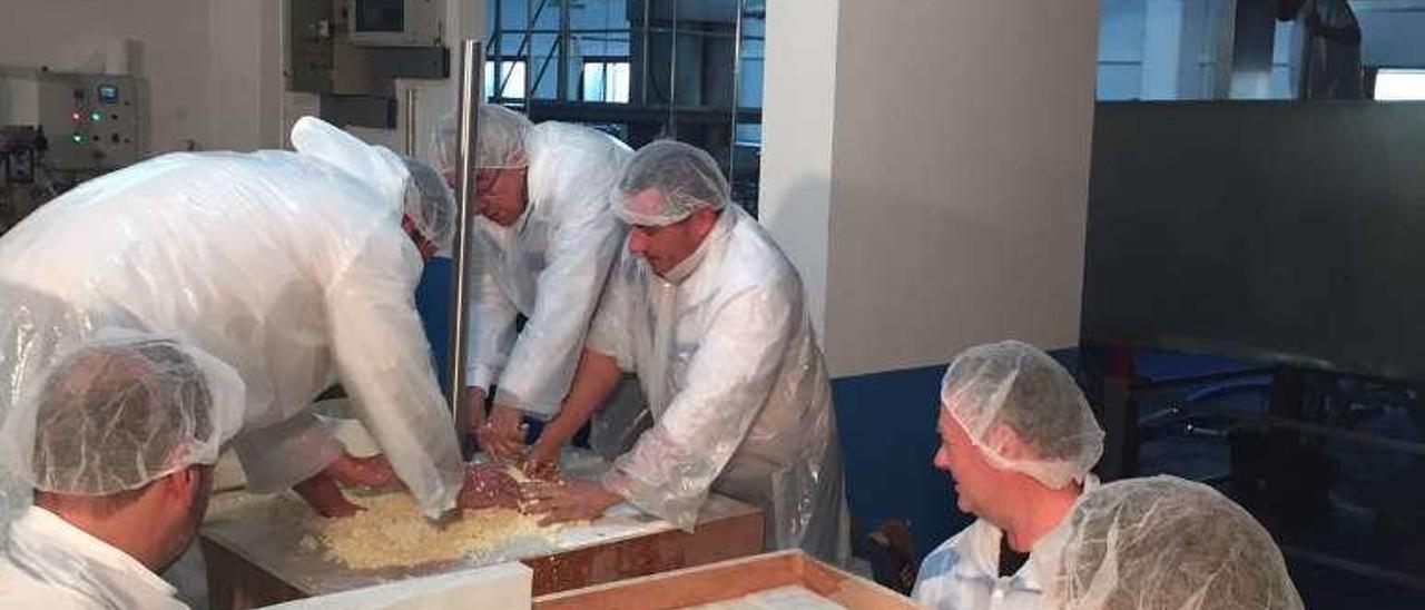 Proceso de llenado de queso en los moldes.