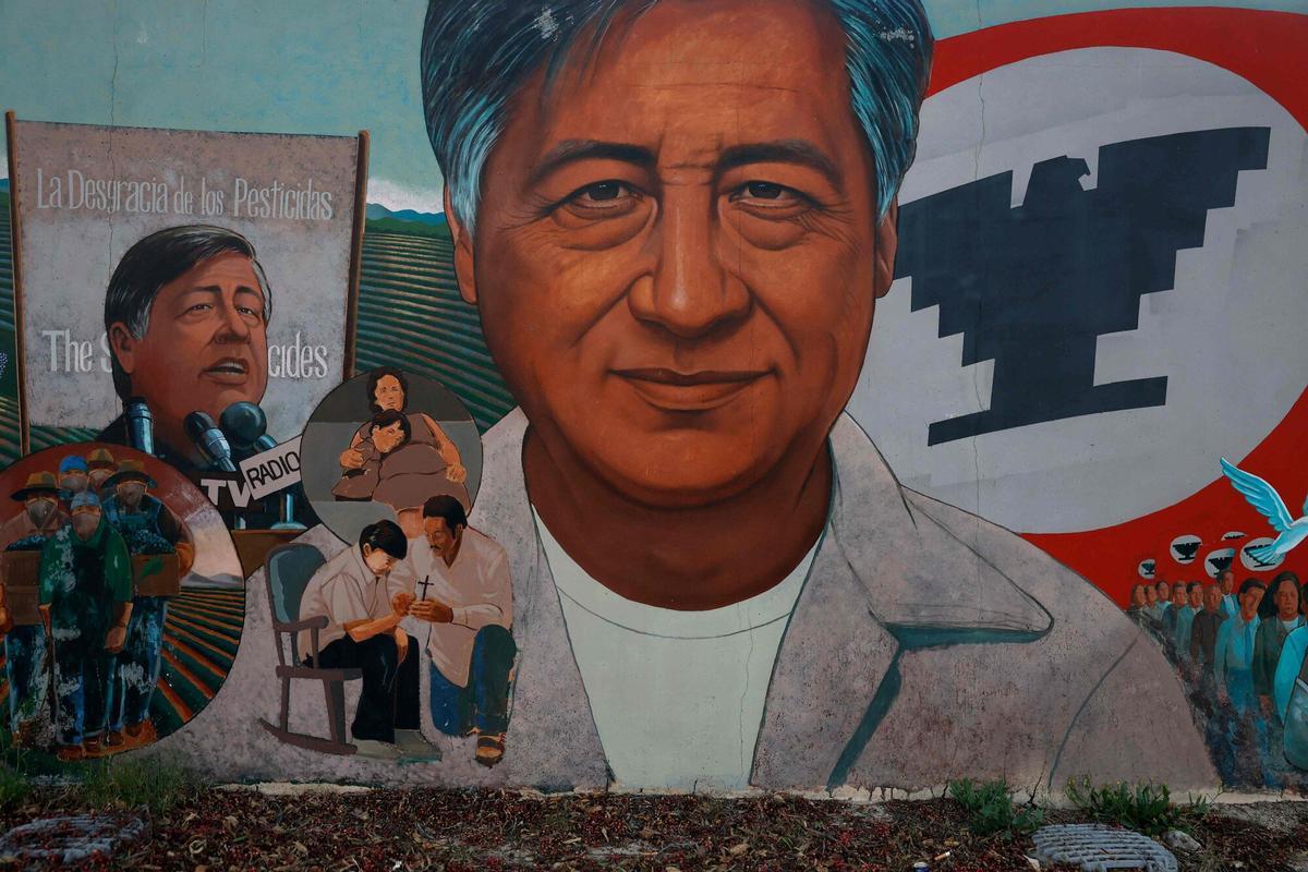 Un mural con el rostro de activista por los derechos civiles César Chávez, en el parque que lleva su nombre en San Fernando, California.