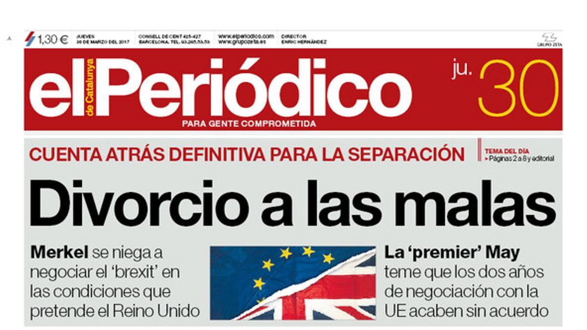 La portada de EL PERIÓDICO del 30 de marzo del 2017.