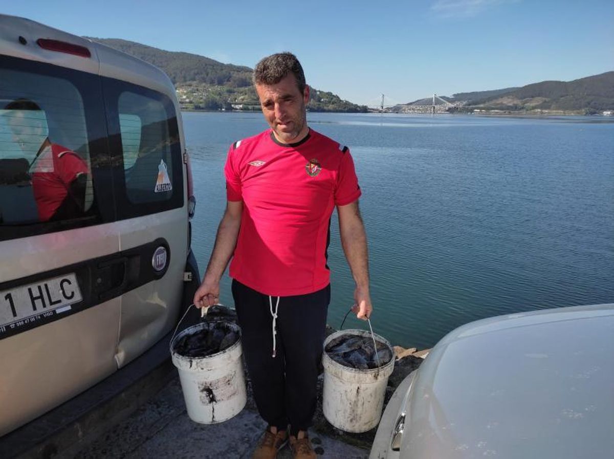 Berto Pereira, con dos cubos de choco en Redondela. | // A. A.