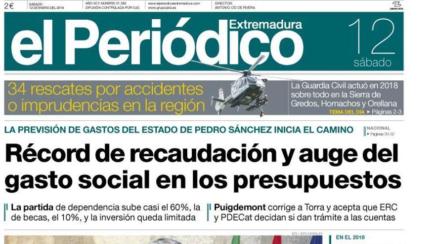 Esta es la portada de EL PERIÓDICO EXTREMADURA correspondiente al día 12 de enero del 2019