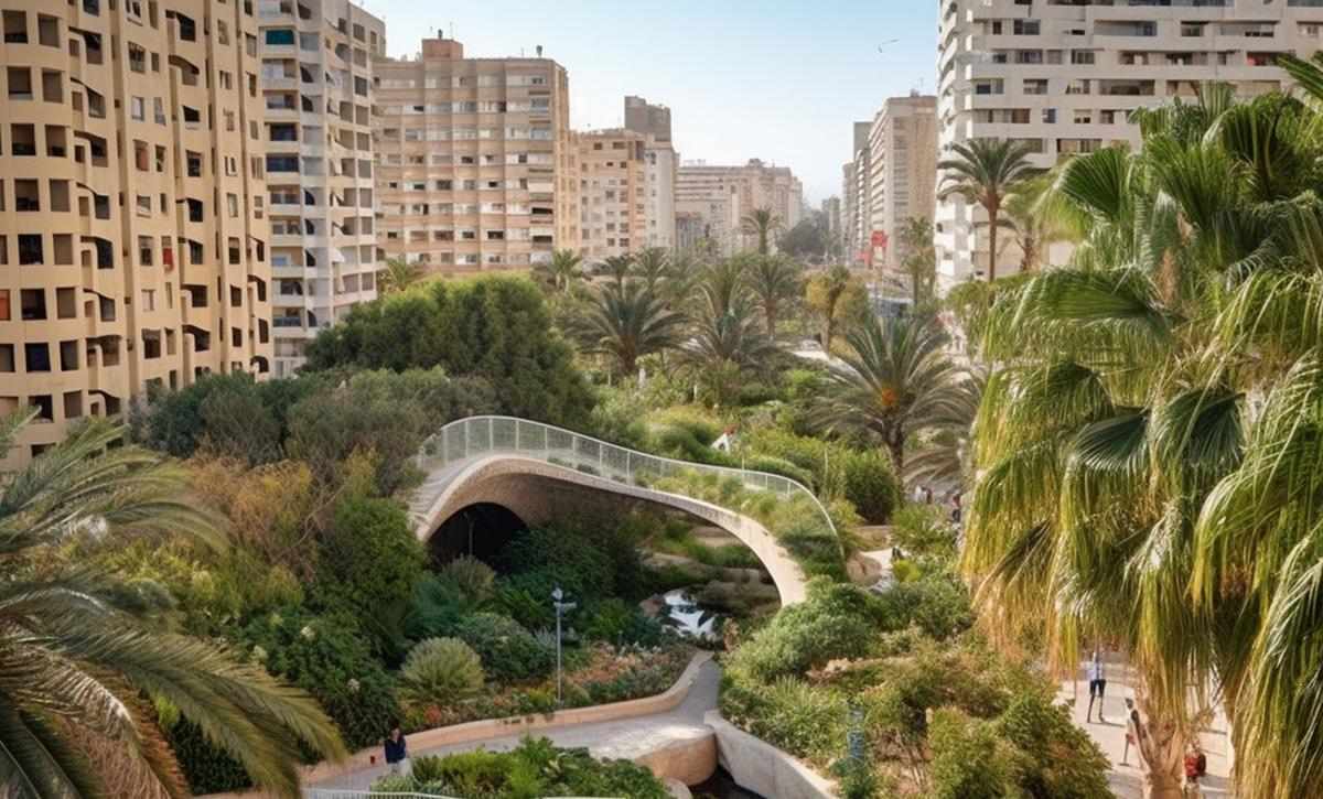 Imagen generada por inteligencia artificial recreando un gran parque inundable para la ciudad.