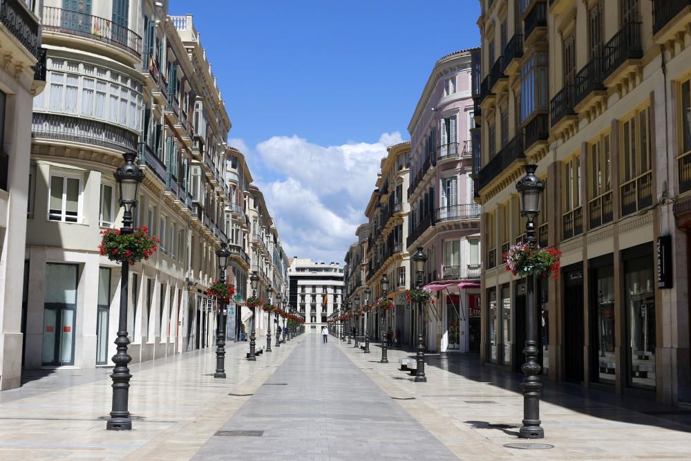 Tras varios días marcados por la lluvia, el sol vuelve a brillar en Málaga este viernes que, aún siendo Viernes de Dolores, sigue siendo un viernes en cuarentena. Pocas o ninguna persona por las siempre concurridas calle Larios, plaza de la Constitución o la renovada Alameda Principal. Tampoco nadie en la plaza de la Marina, cuando son ya prácticamente tres las semanas que llevamos de confinamiento obligatorio tras decretarse el estado de alarma por la pandemia de coronavirus.