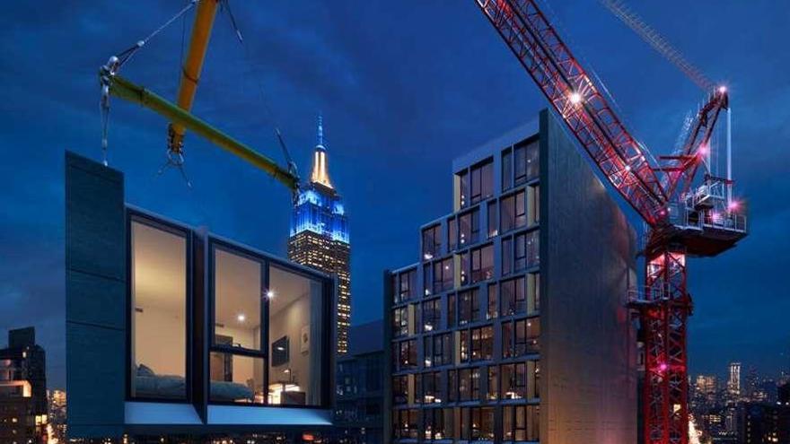 Una visión idealizada de la construcción del hotel modular que promueve la cadena Marriott en Nueva York.