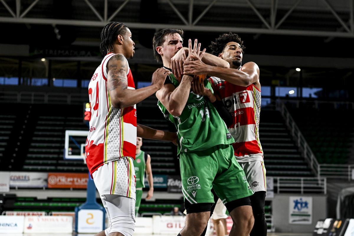 Alex Mazaira lucha por el balón ante el Logrobasket.