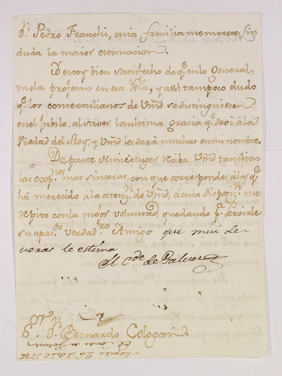 Carta desde México del virrey Matías de Gálvez a Bernardo Cólogan, el mejor amigo de su hijo en Tenerife.