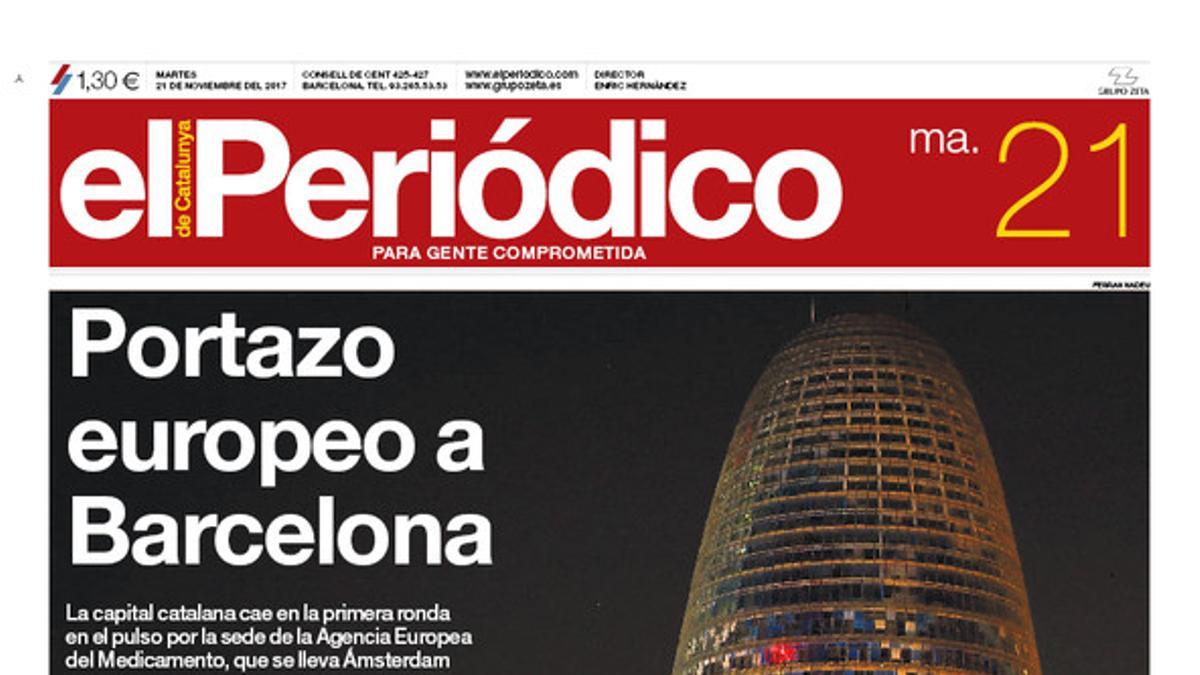 La portada de EL PERIÓDICO del 21 de noviembre del 2017.