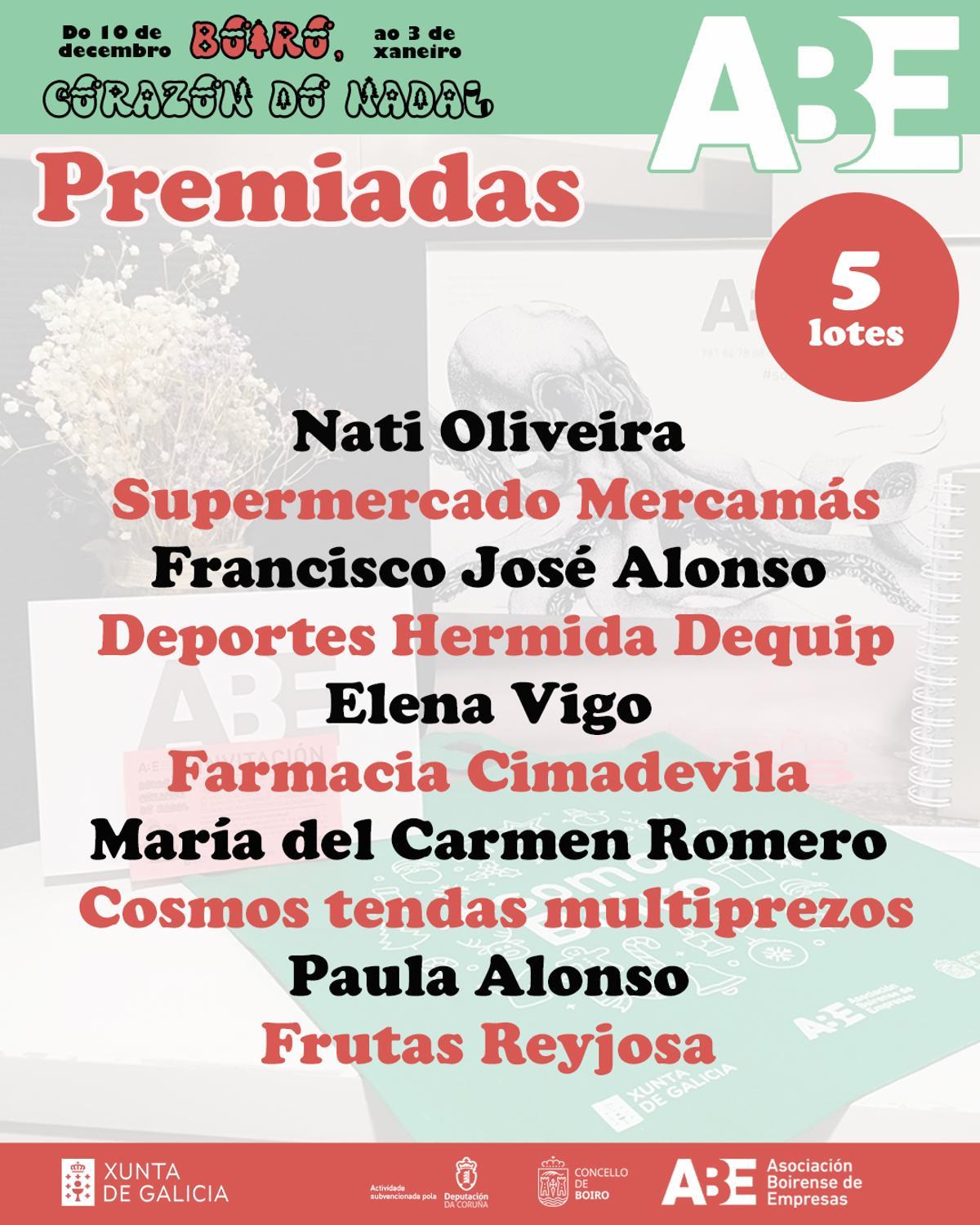 Cartel de premiados no primeiro sorteo de Nadal en Boiro.