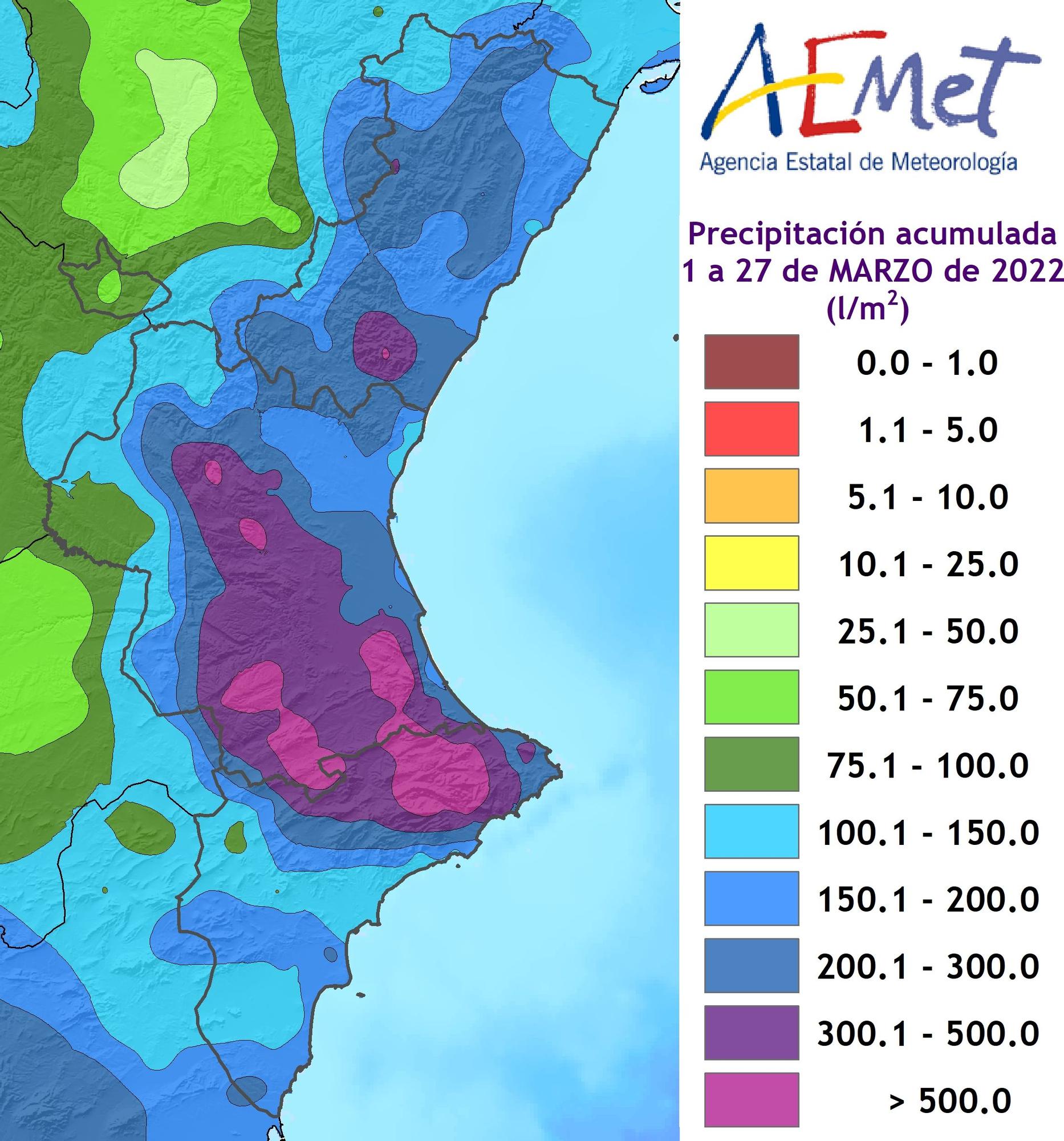 Precipitación acumulada en la Comunitat durante el mes de marzo.