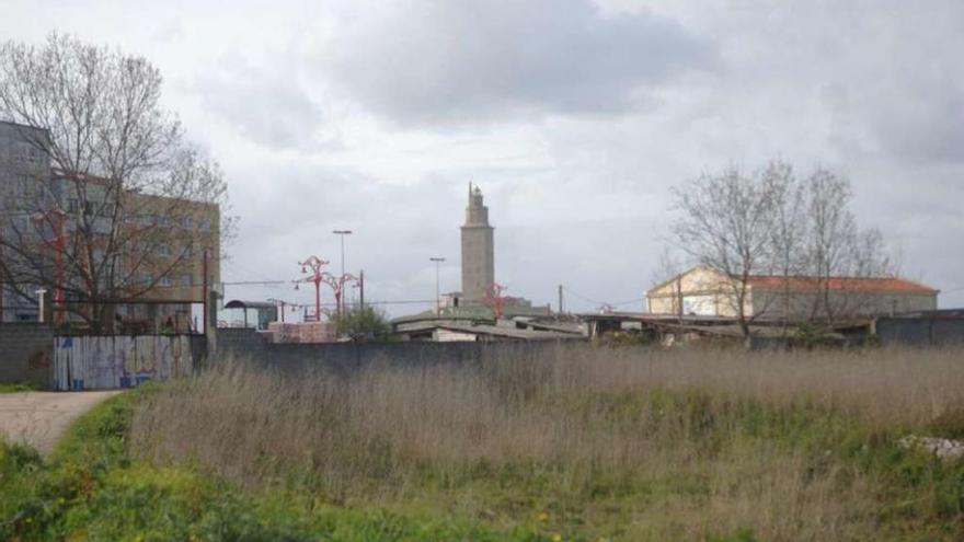 Terrenos del Agra de San Amaro, con la Torre de Hércules al fondo.