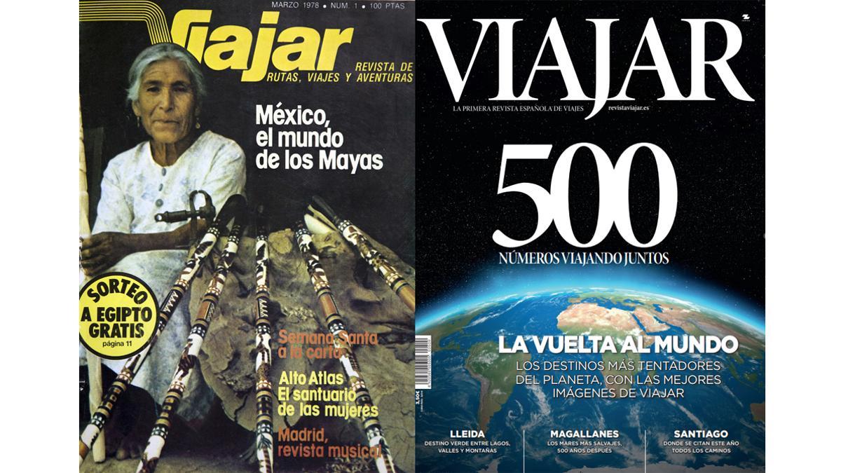 Las portada del primer número y del número 500 de la revista 'Viajar'.