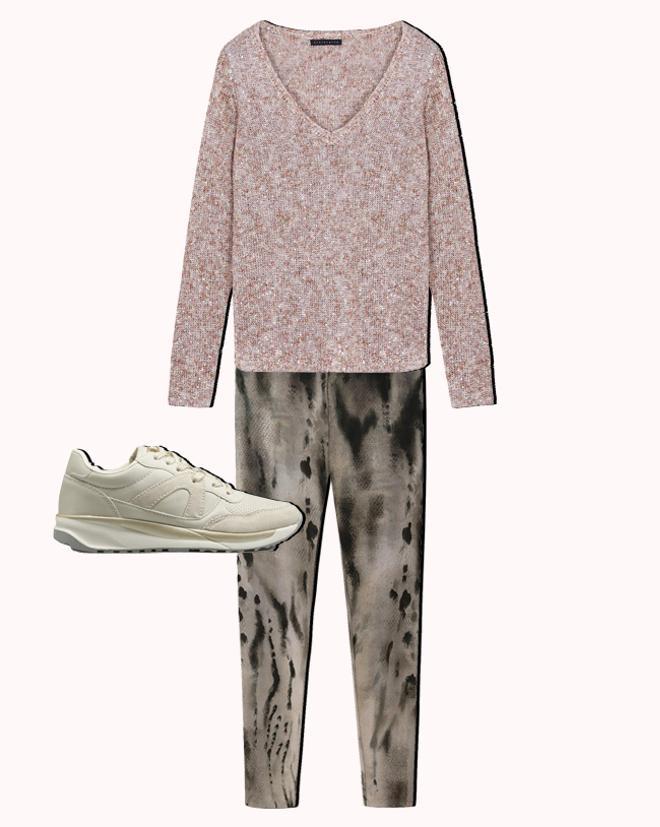 Look con leggings estampados de Oysho, jersey con lentejuelas de Tintoretto y zapatillas de Merkal