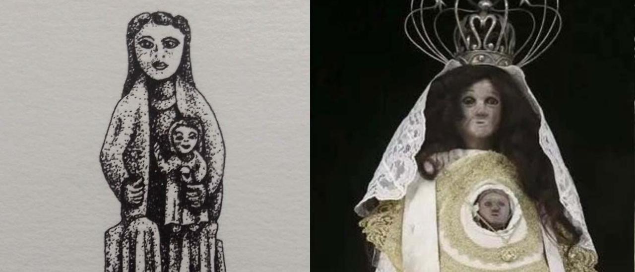 Apariencia original de la Virgen de Chamorro, del siglo XII, y su imagen actual.