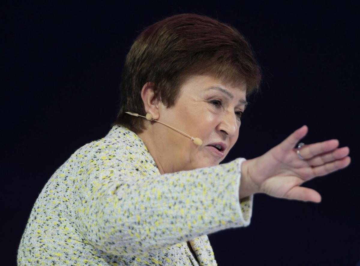 IMF Managing Director Kristalina Georgieva speaks at the Global Women’s Forum in Dubai, United Arab Emirates, February 16, 2020. REUTERS/Christopher Pike