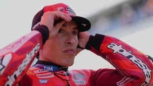 Spains rider Marc Marquez of the Ducati Lenovo Team prepares for the MotoGP race of the Grand Prix of Spain, at the Angel Nieto racetrack in Jerez de la Frontera, Spain, Sunday, April 27, 2025. (AP Photo/Jose Breton)
