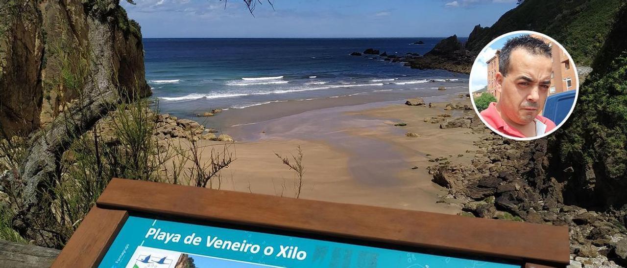 La playa de Xilo y, en el círculo, Manuel Vázquez Campos
